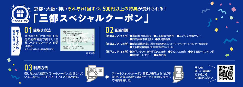 京都・大阪・神戸 各エリアで1回ずつ、500円以上の特典が受けられる！「三都スペシャルクーポン」概要